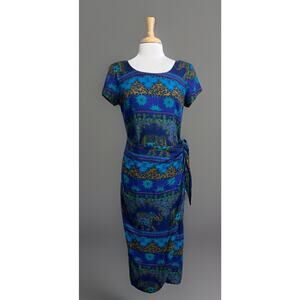 Jessica Howard Dress Women 10 Vintage Midi Faux Wrap Travel Boho Indie Elephant